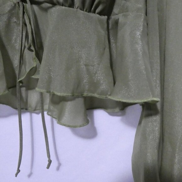 SHEIN | medium | Elegant Green V-Neck Sheer Blouse With Tie / Lace-Up Detail - Picture 8 of 15